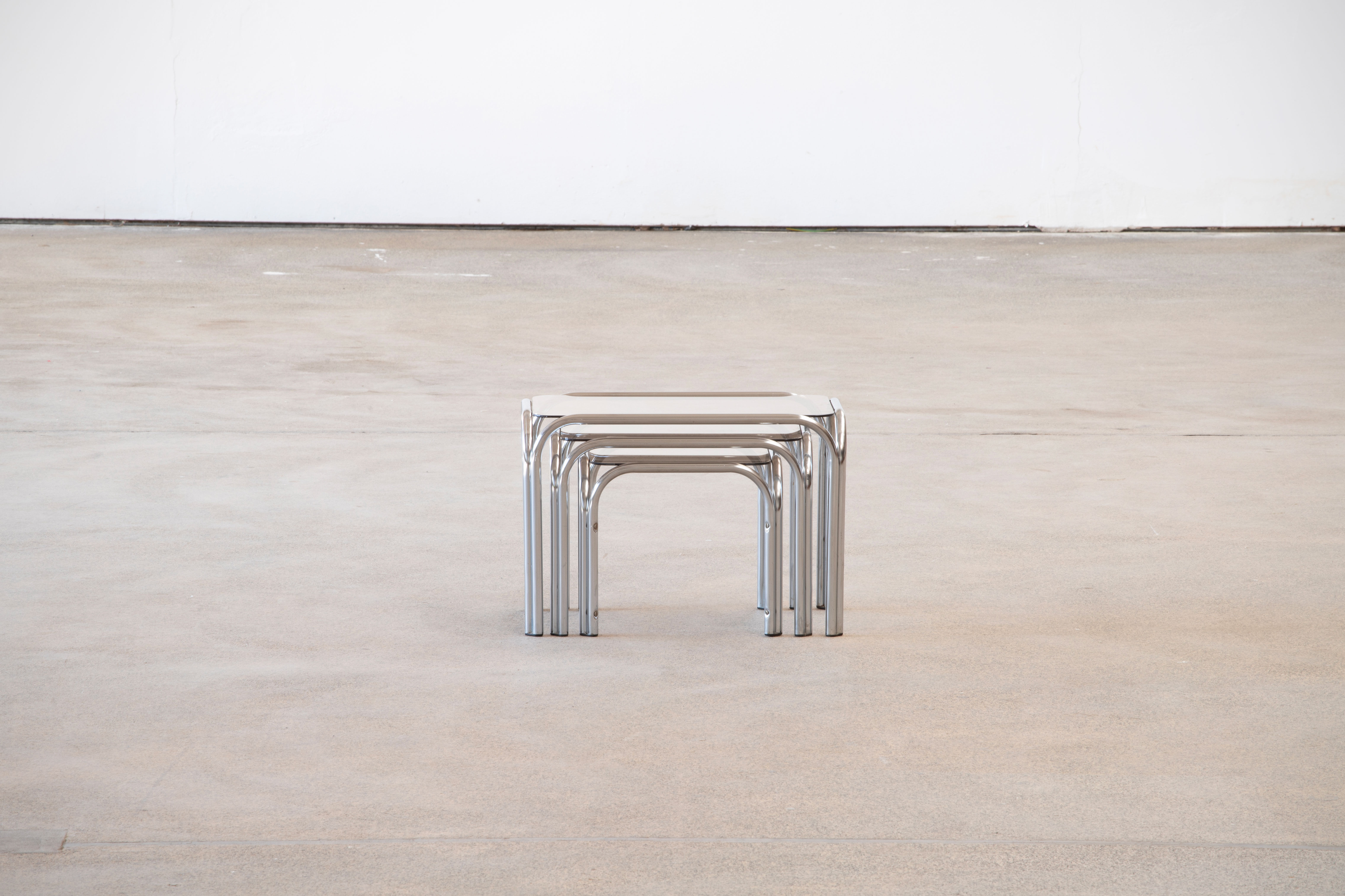 Vintage chrome and glass built-in coffee tables 1970