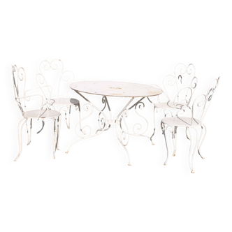 Vintage 1950 garden furniture in openwork white wrought iron: Table + 2 chairs + 2 armchairs