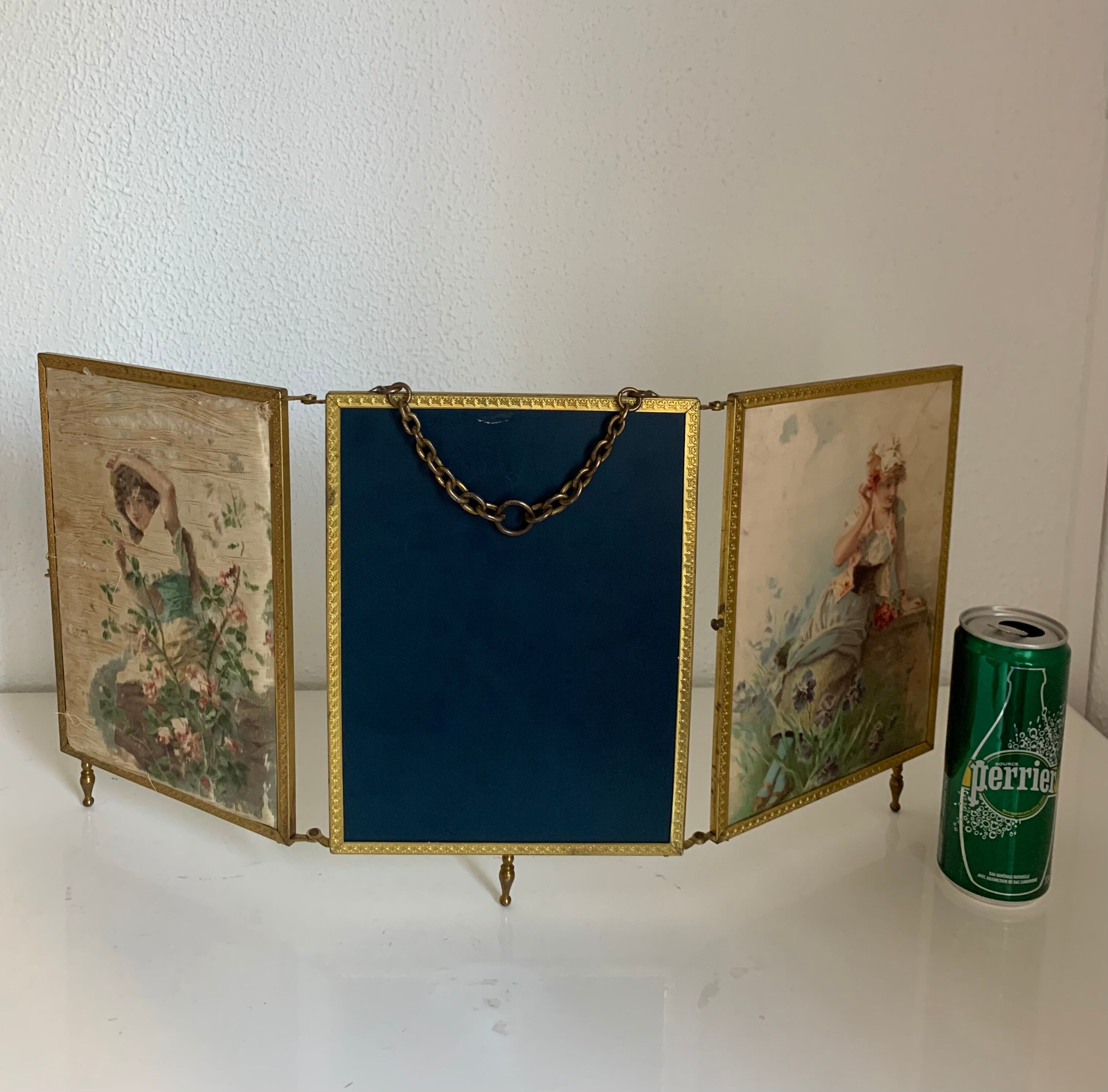 Vintage mirror 1900 triptych barber brass chiseled - 27 x 58 cm