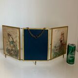 Vintage mirror 1900 triptych barber brass chiseled - 27 x 58 cm