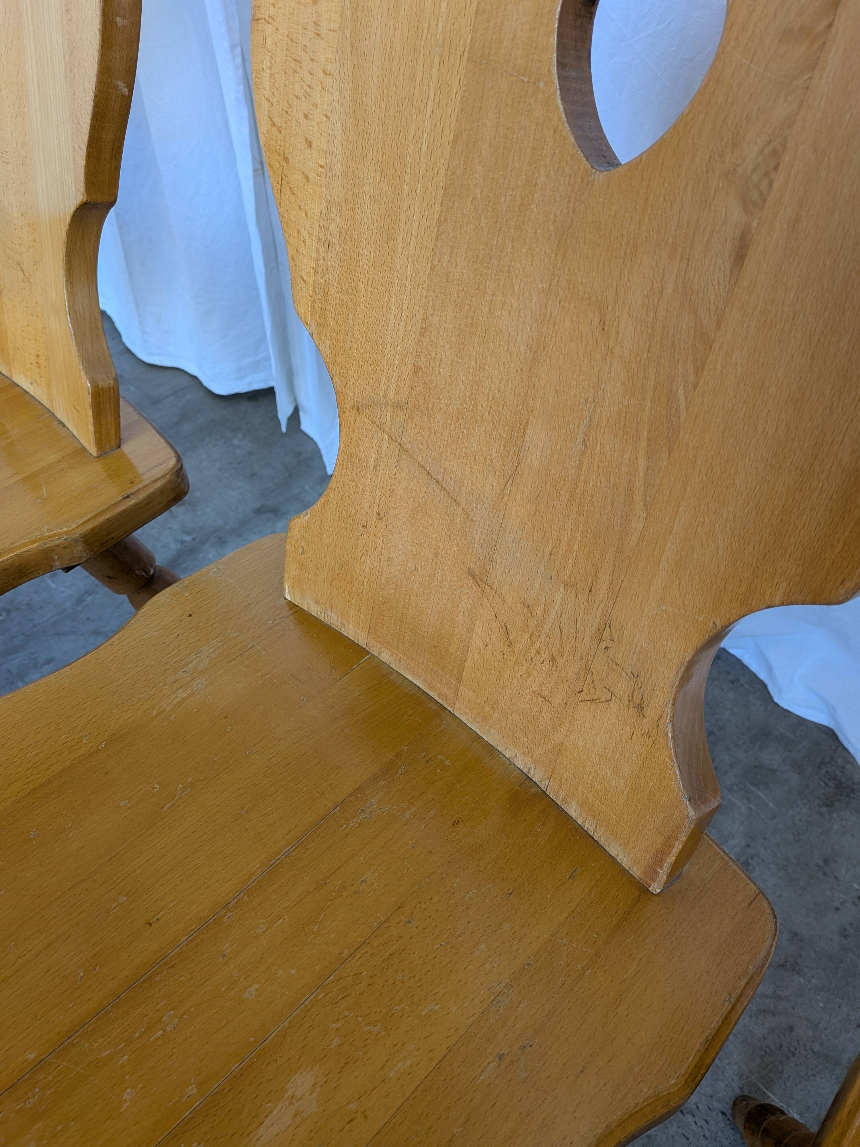 Set of 4 Vintage Tyrolean Heart Cutout Wooden Dining Chairs