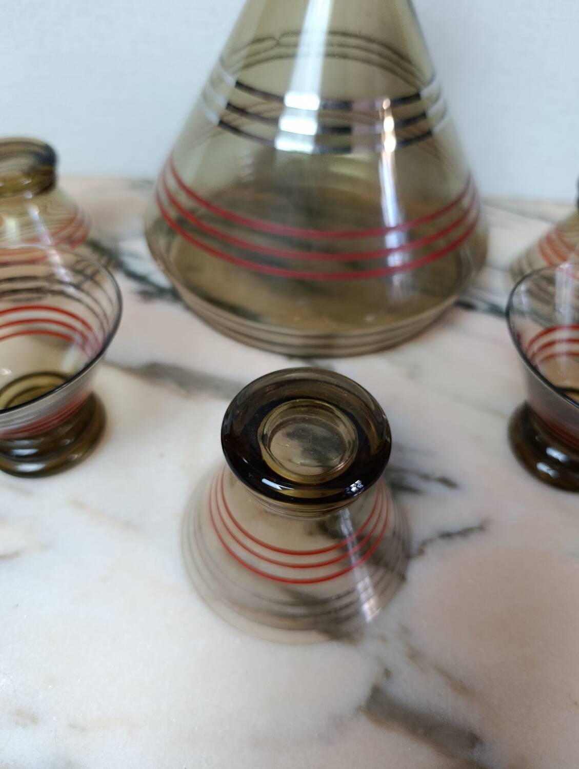 Art Deco liqueur service in smoked glass