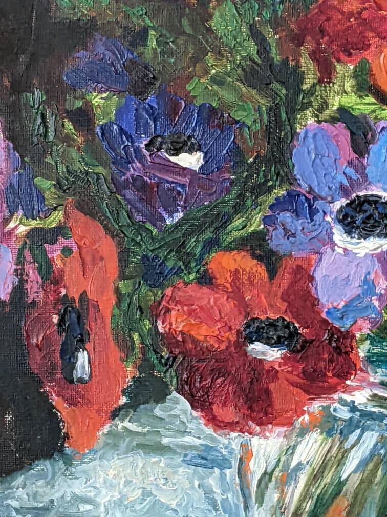 Antique painting still life old acrylic on canvas bouquet of flowers