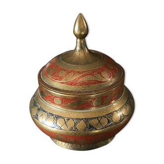 Old bonbonnière brass pot with decoration of patterns and paintings