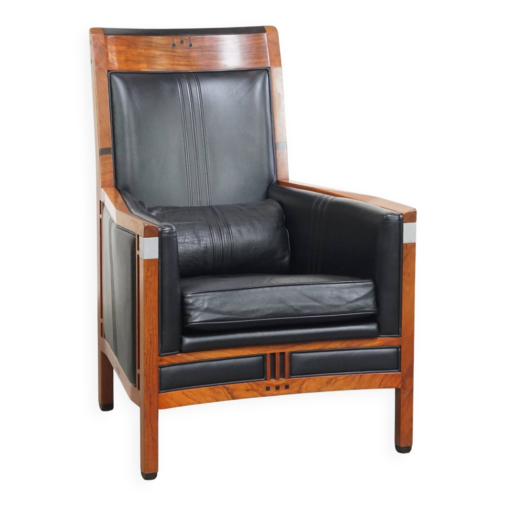 Fauteuil Art Déco en cuir de vachette noir et bois | Selency