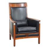Fauteuil Art Déco en cuir de vachette noir et bois