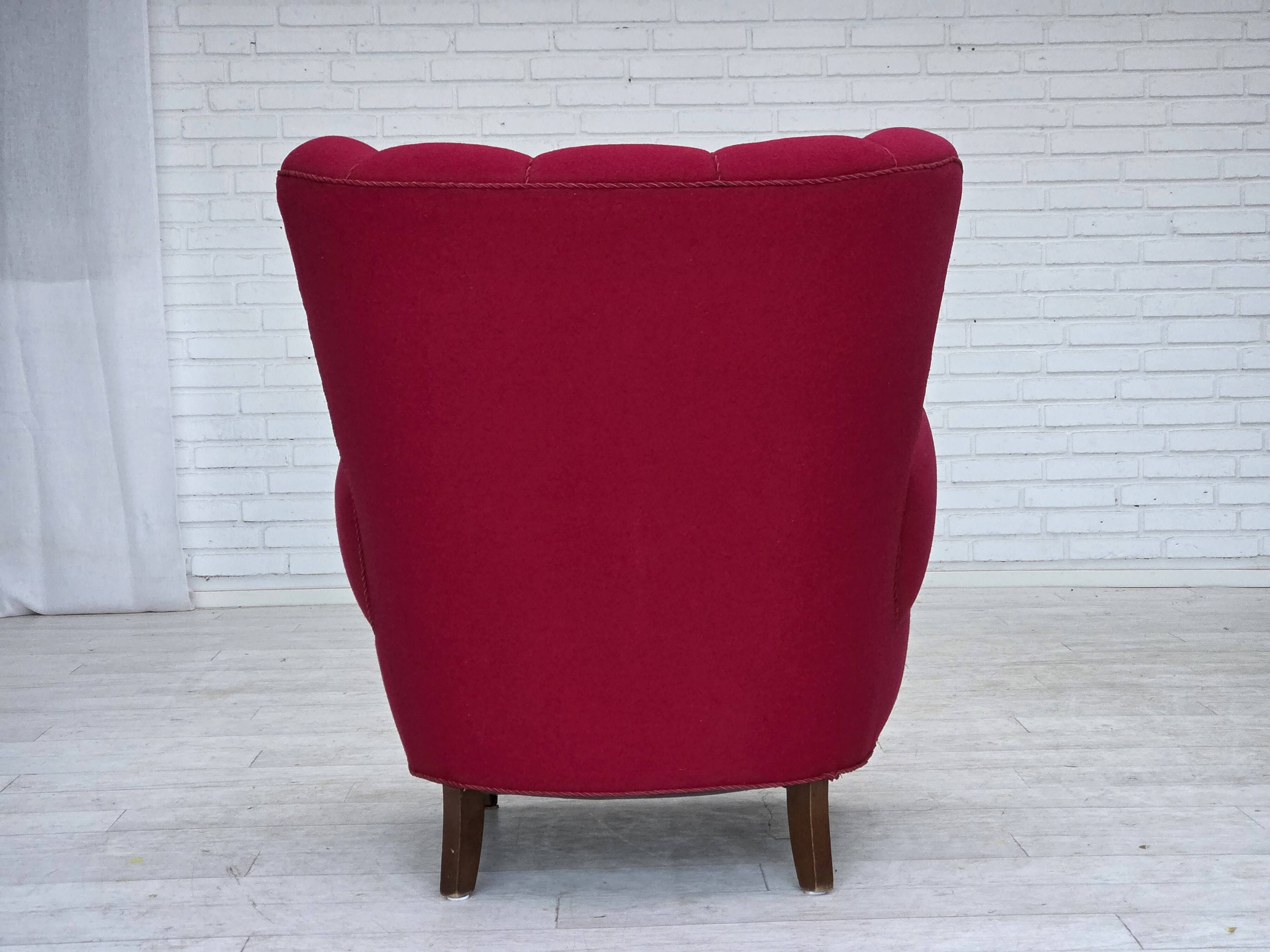 1960s, Danish armchair, furniture wool, beech wood logs.