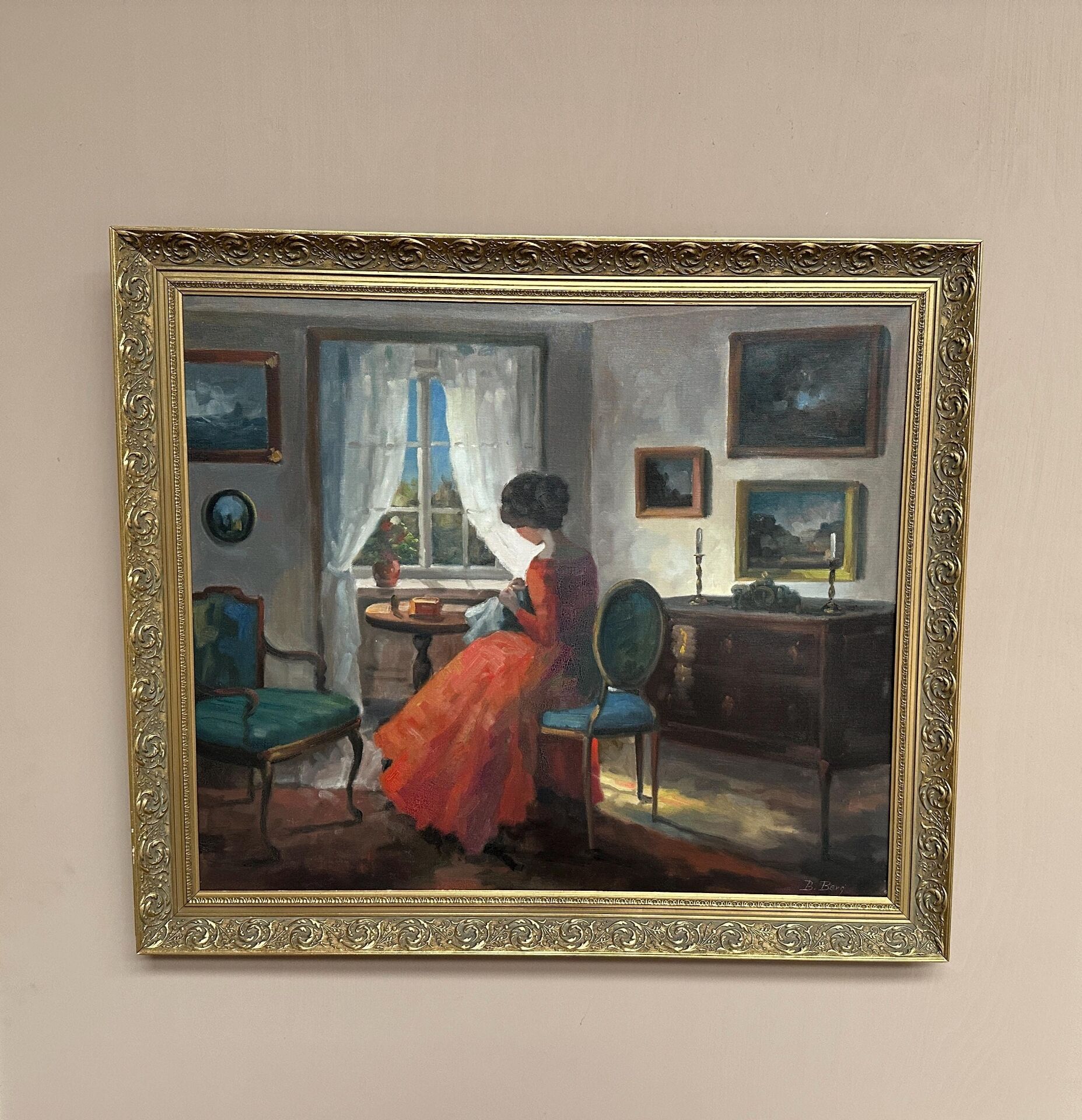 Scandinavian Oil on Canvas – Interior Scene by Bente Berg – Vintage