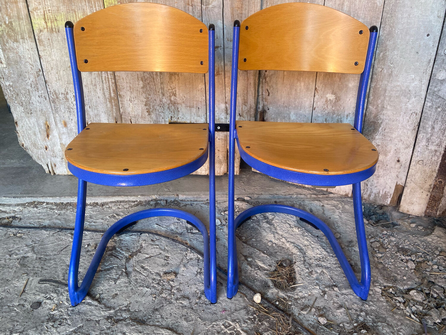 Pair of Chairs SOUVIGNET Model ELODIE Metal Blue & Wood Made in France