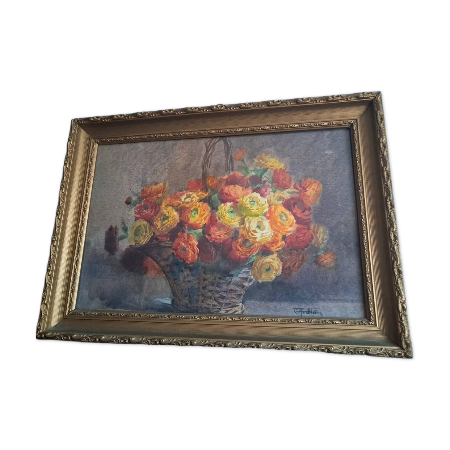 Ancient painting "The Basket of Buttercups" – Oil on canvas signed Émile God