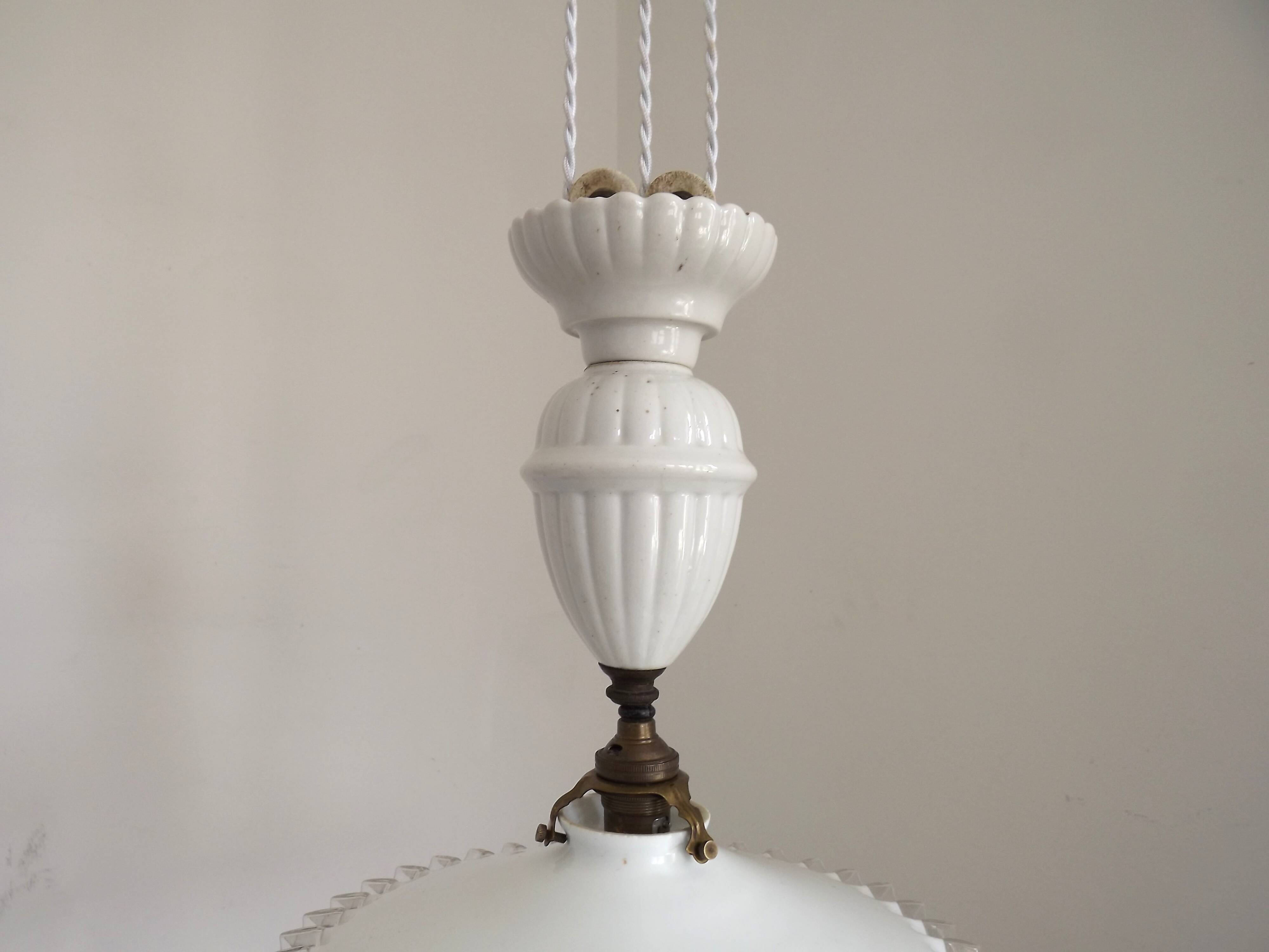 French Counter Balance Ceiling Light White Porcelain & Opaline Glass Shade