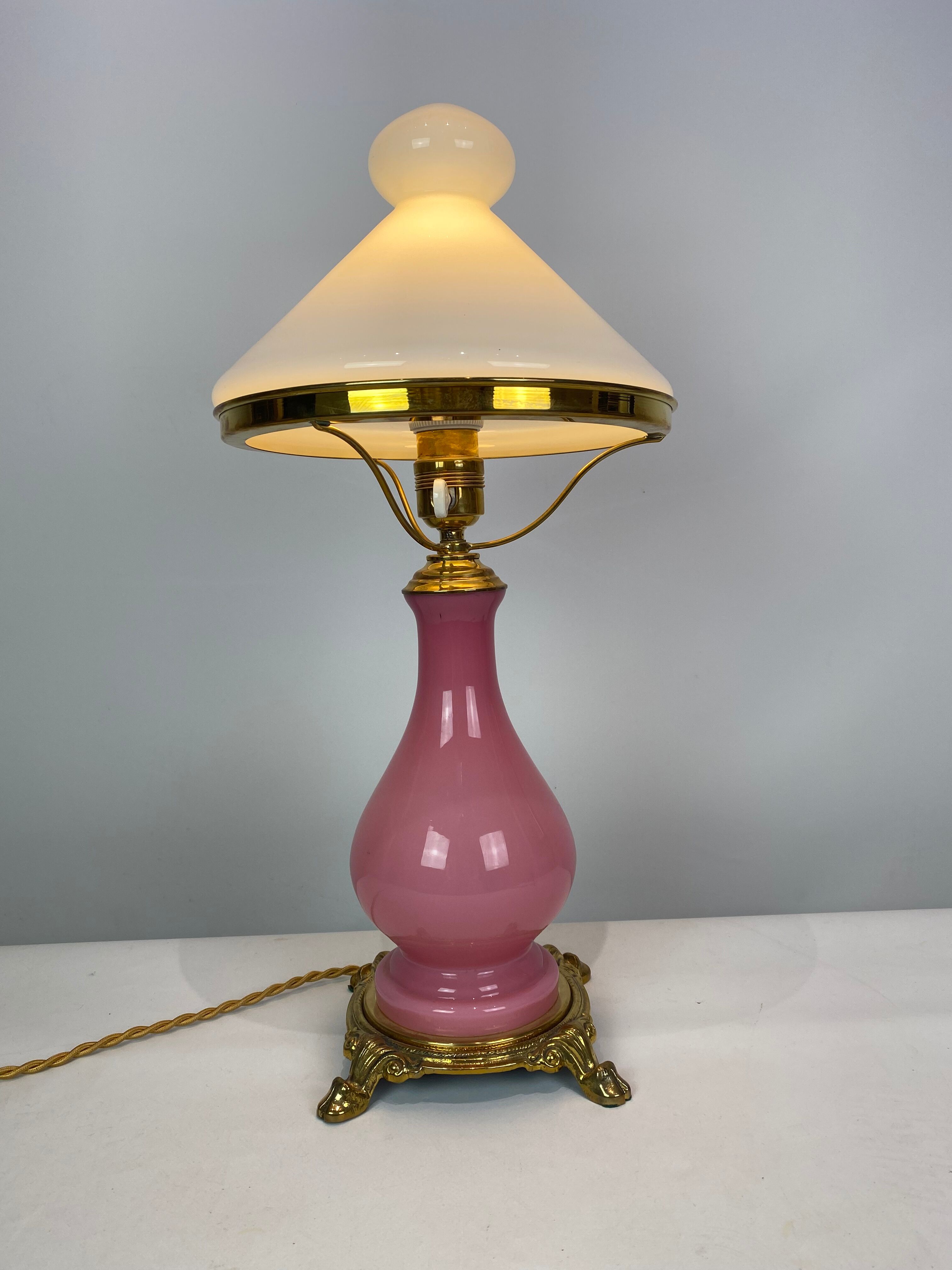 Table lamp with frame of pink opaline glass Funen's glassworks, 1930s