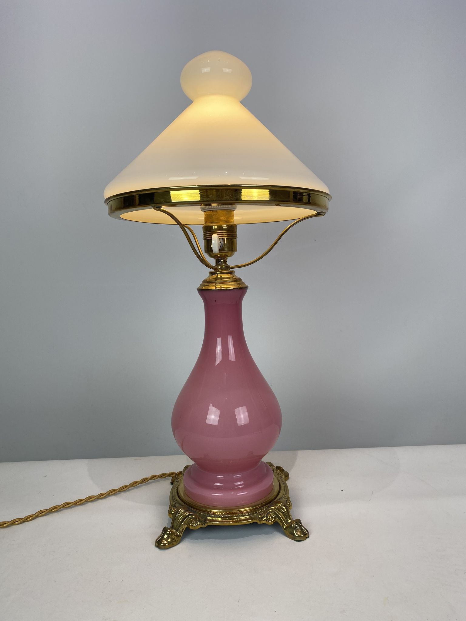 Table lamp with frame of pink opaline glass Funen's glassworks, 1930s