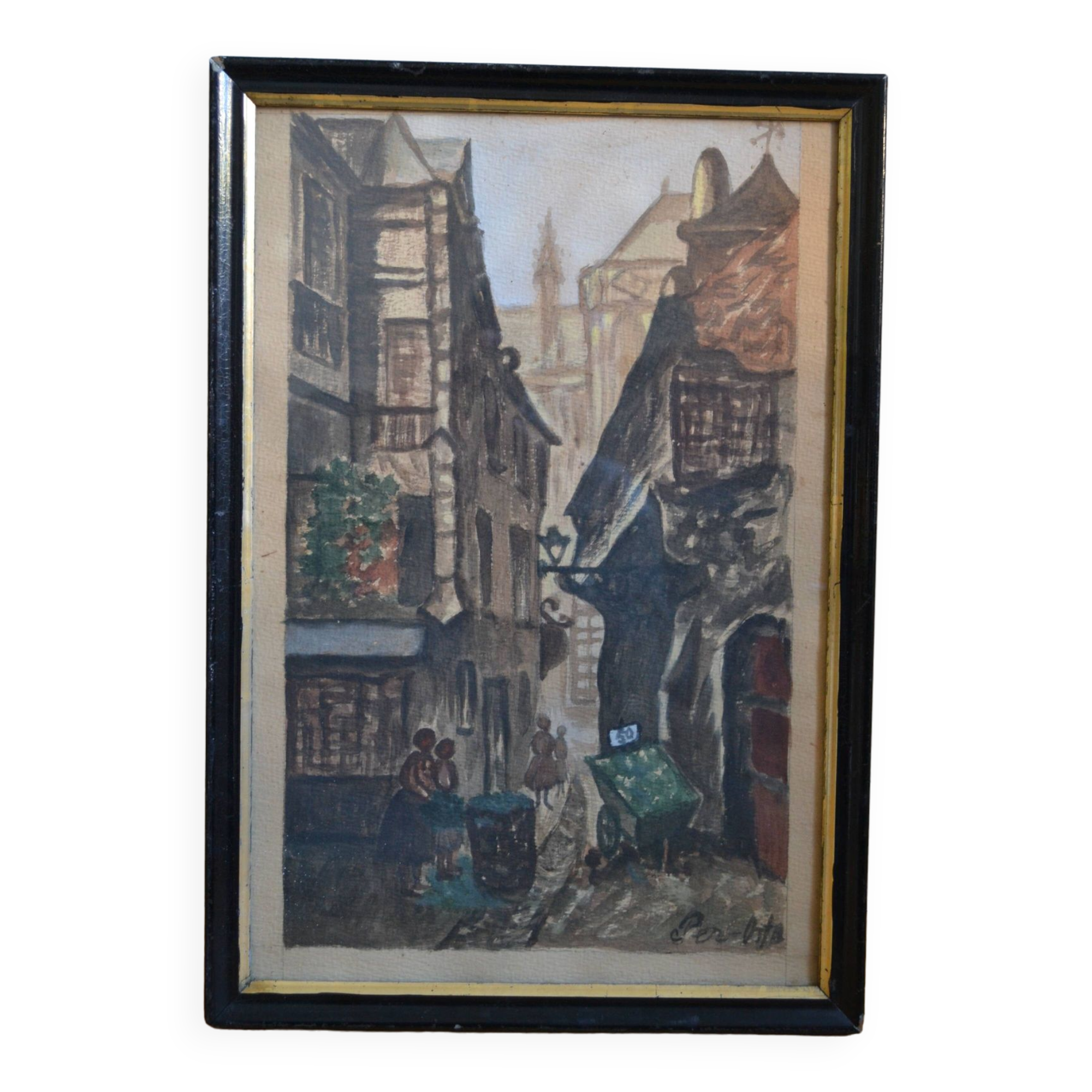 Ancient gouache painting rue brise miche le marais paris