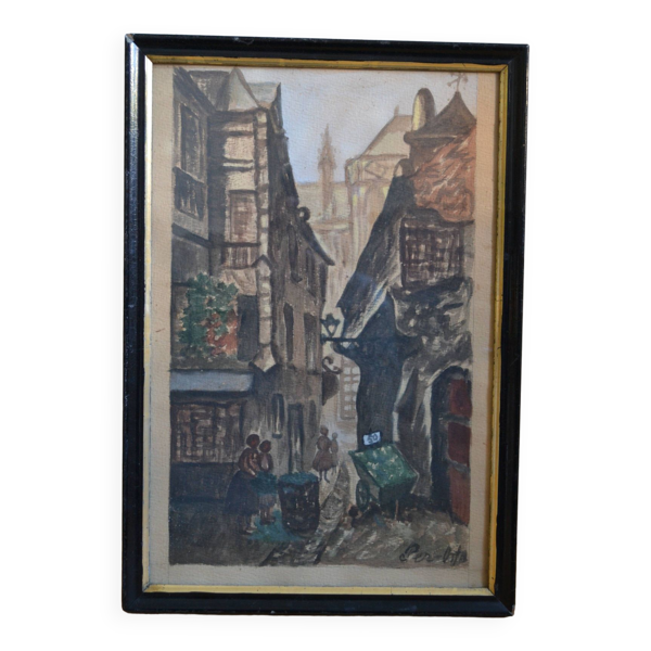 Peinture ancienne gouache rue brise miche le marais paris