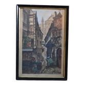 Peinture ancienne gouache rue brise miche le marais paris