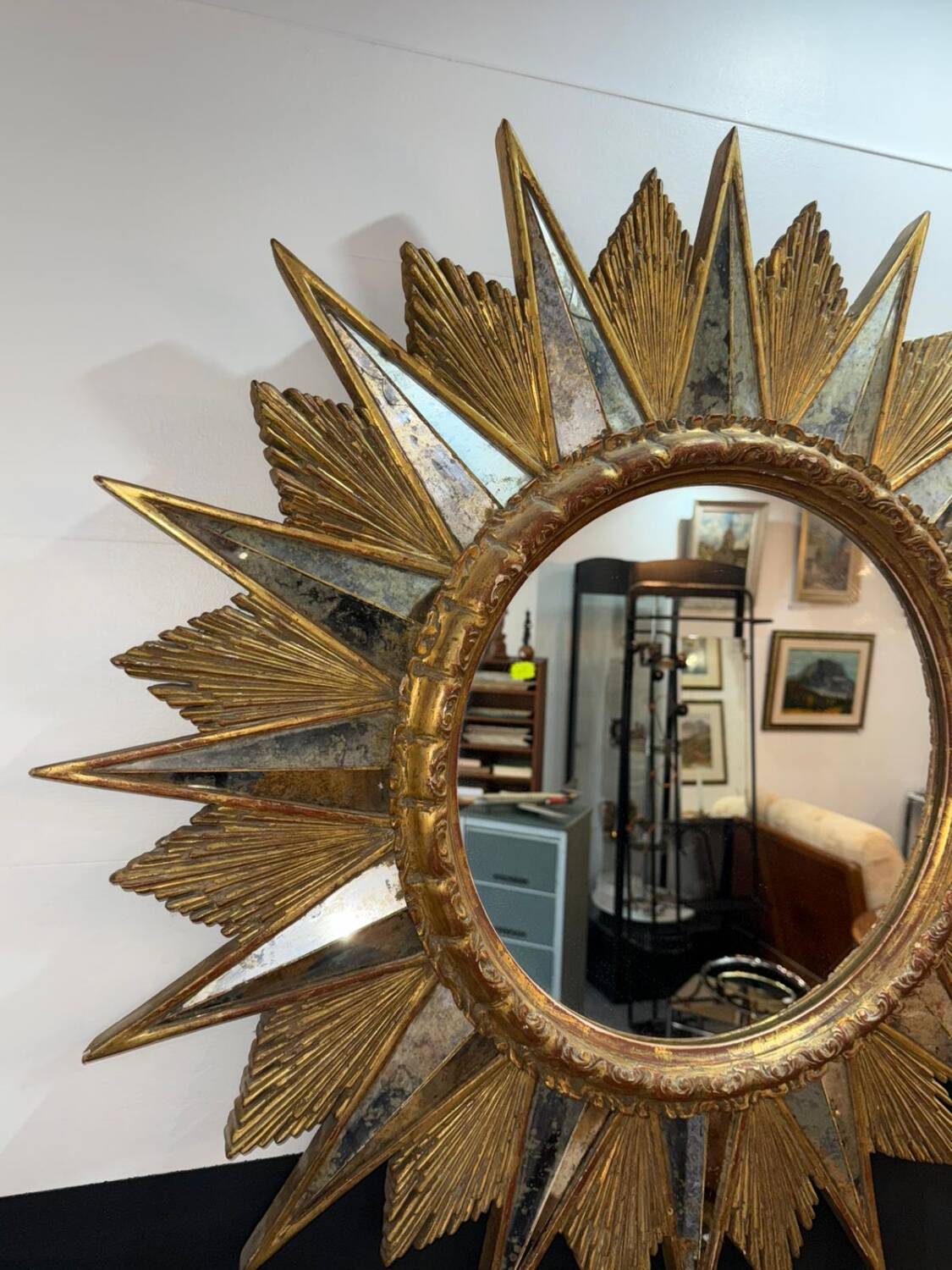 Miroir soleil doré a rayons en bois - années 50