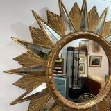Miroir soleil doré a rayons en bois - années 50