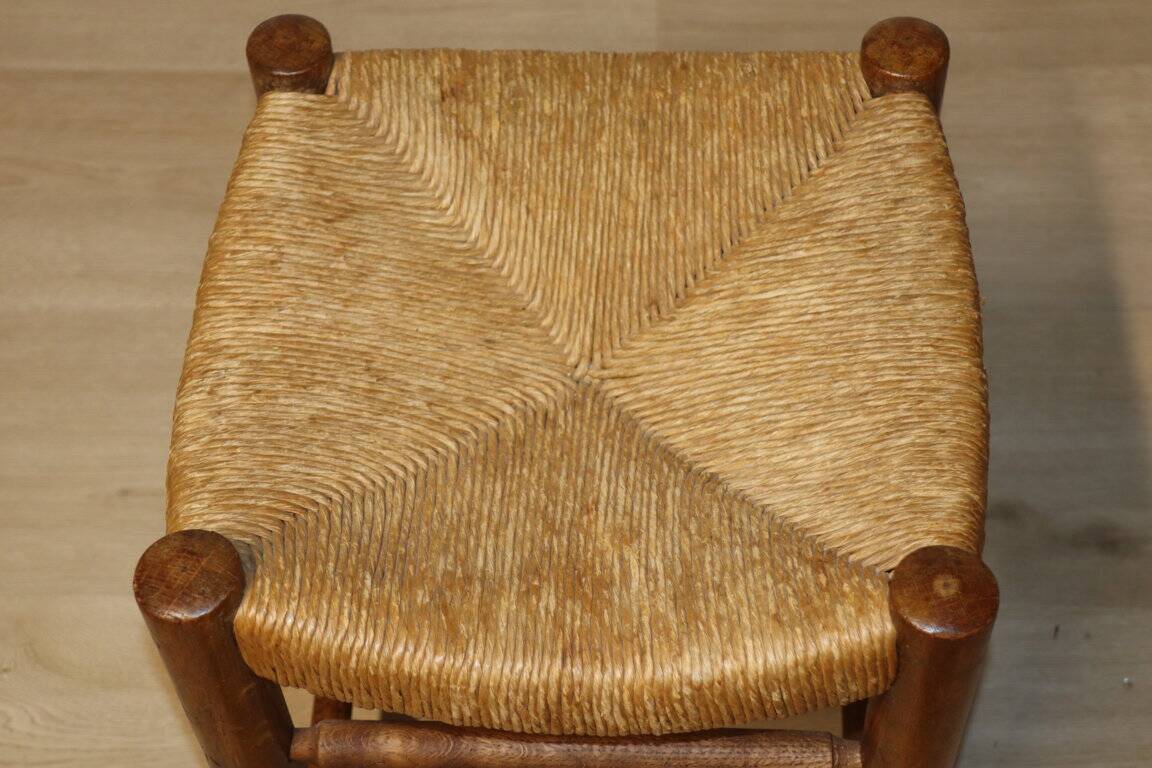 Vintage stool in solid oak and straw, 1960s
