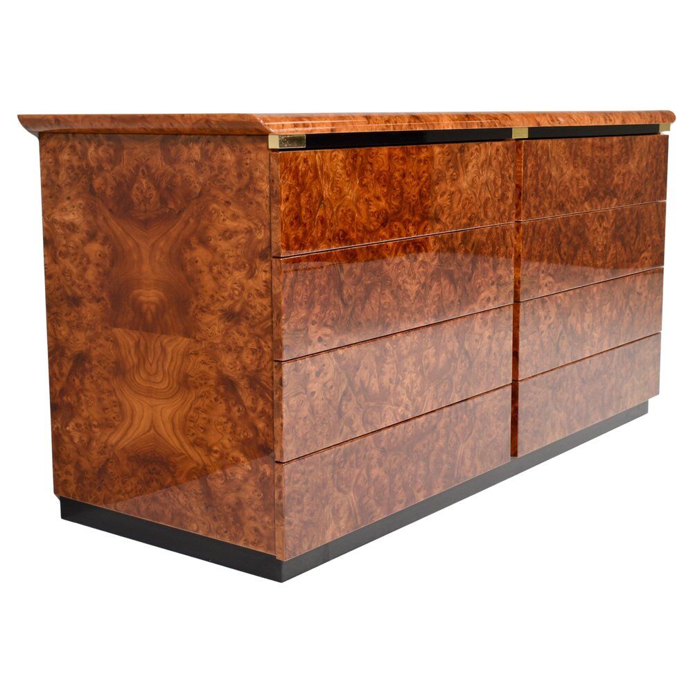 Italian drawer credenza in high gloss burl and brass, Italy, 1970s