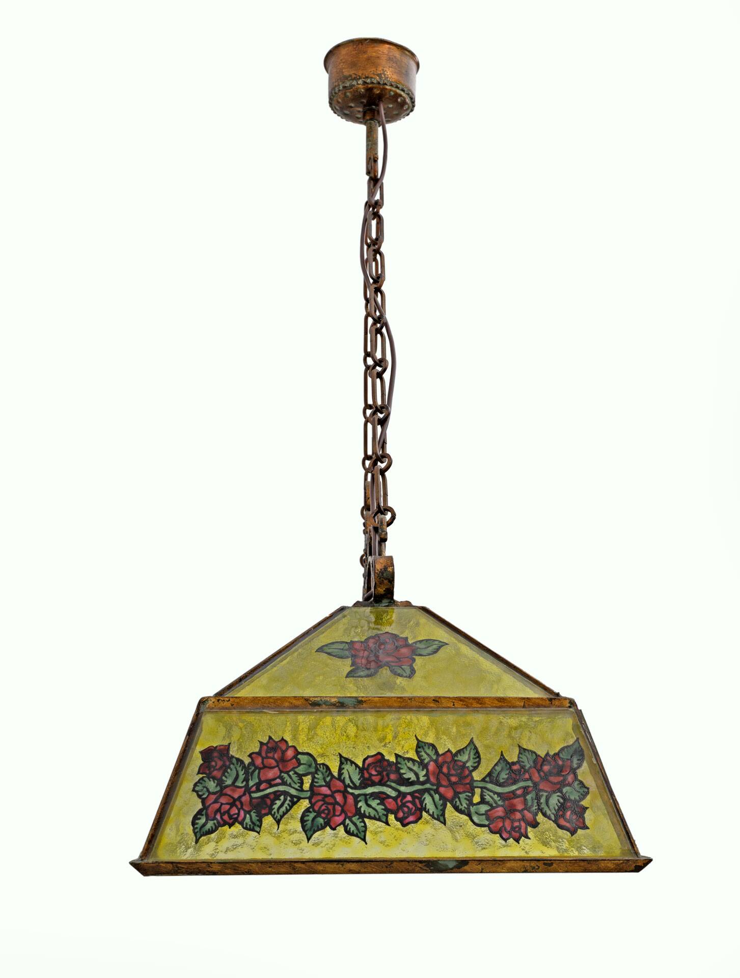 Lustre suspendu rustique en fer forgé peint à la main et en verre, années 1960