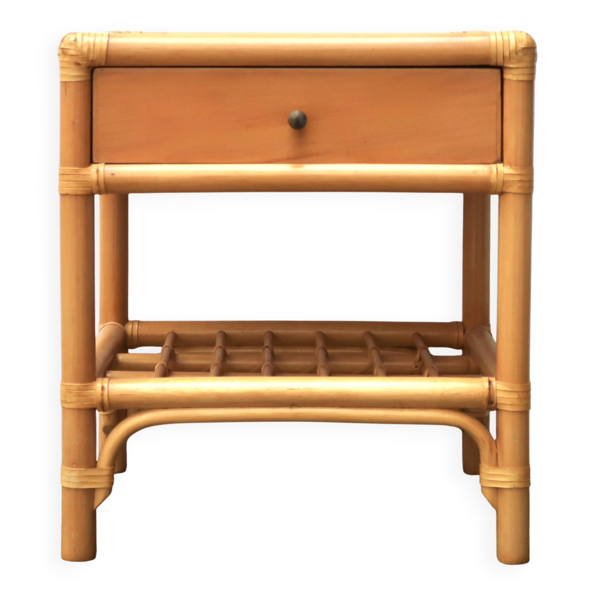 Bedside or side table in wood, bamboo and rattan, 1970s