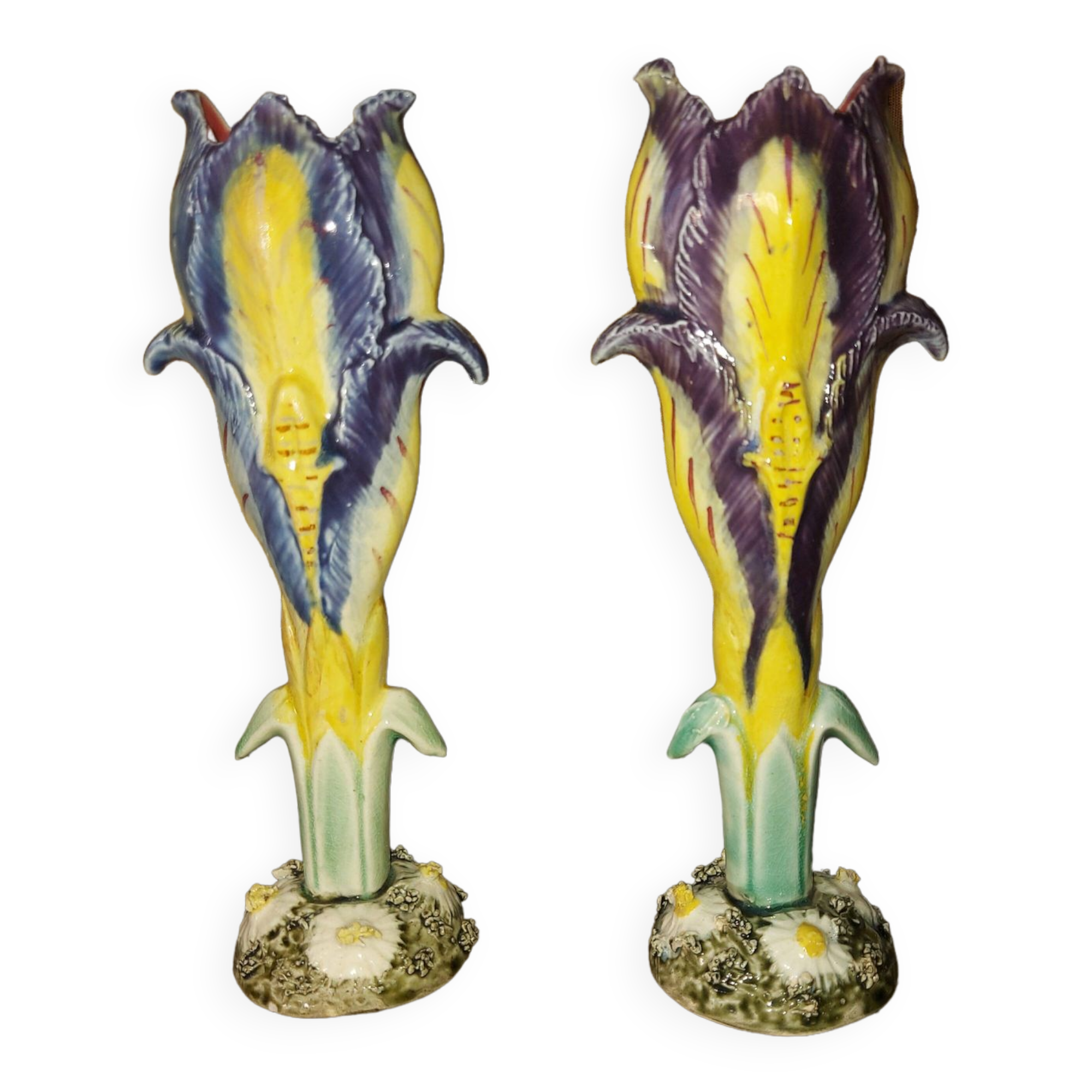 Paire de vases barbotine art nouveau , soliflore , iris