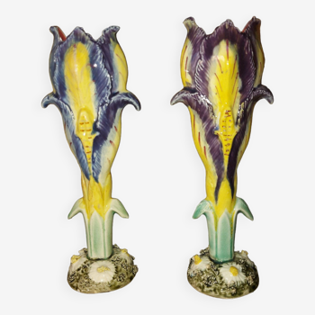 Paire de vases barbotine art nouveau , soliflore , iris