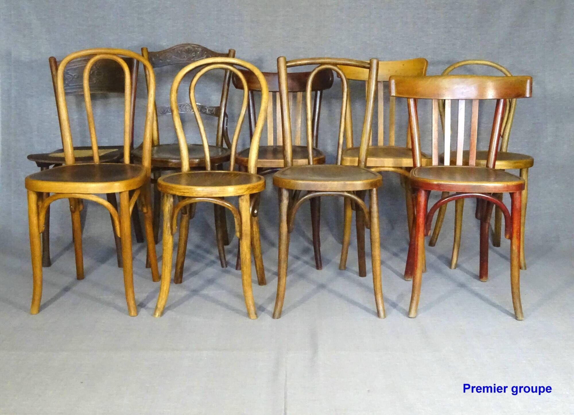 Set of 24 mismatched bistro chairs, curved wood, 1920 to 1955 Thonet...