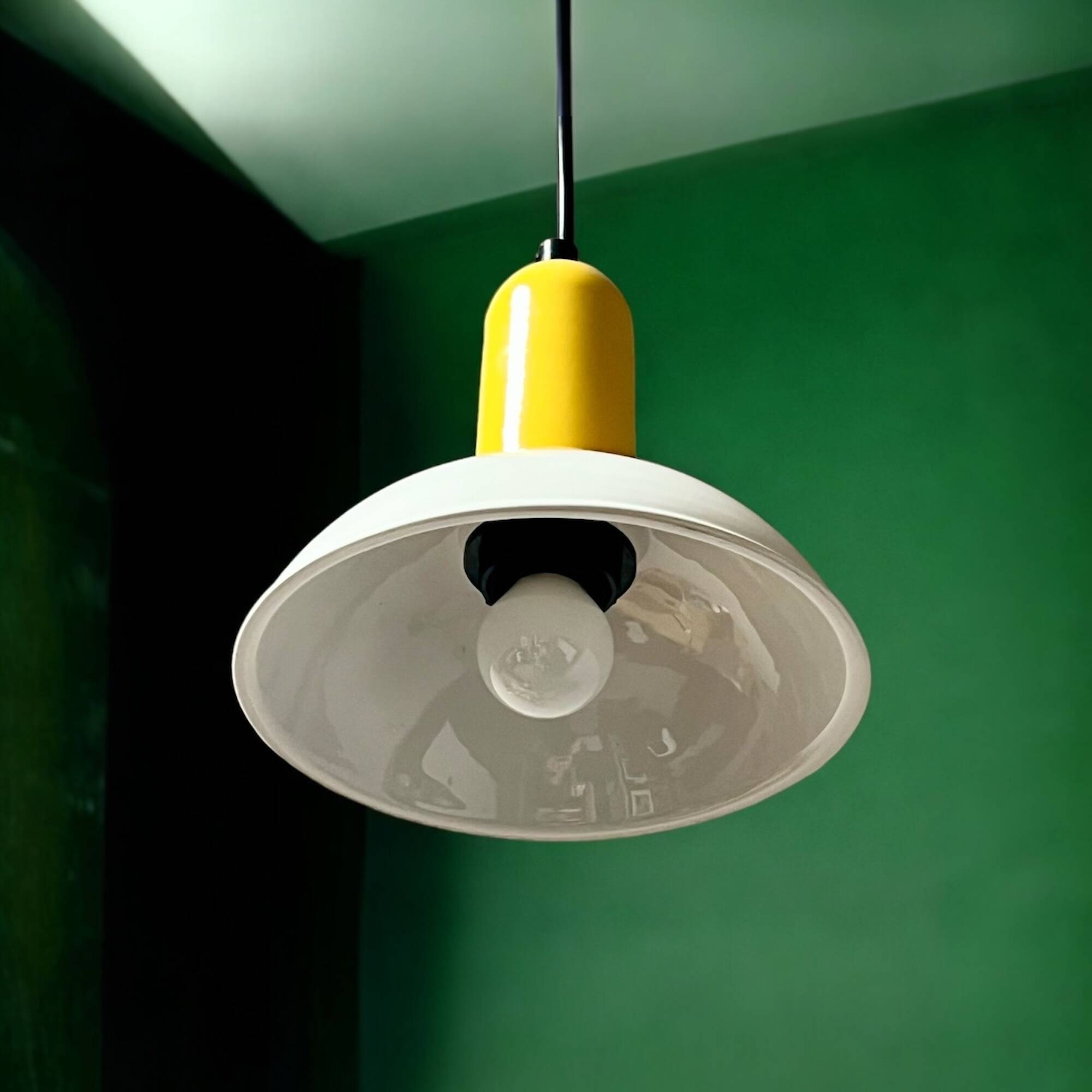 Vintage 80s Yellow Ceramic Pendant Lamp by Imago Italy - New Old Stock