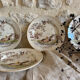 Polychrome ironstone dessert plates from Digoin and Sarreguemines.