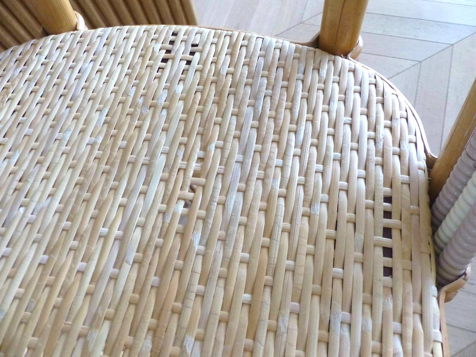 Lot of 3 Maison Louis Drucker light Manila rattan bistro high chairs.