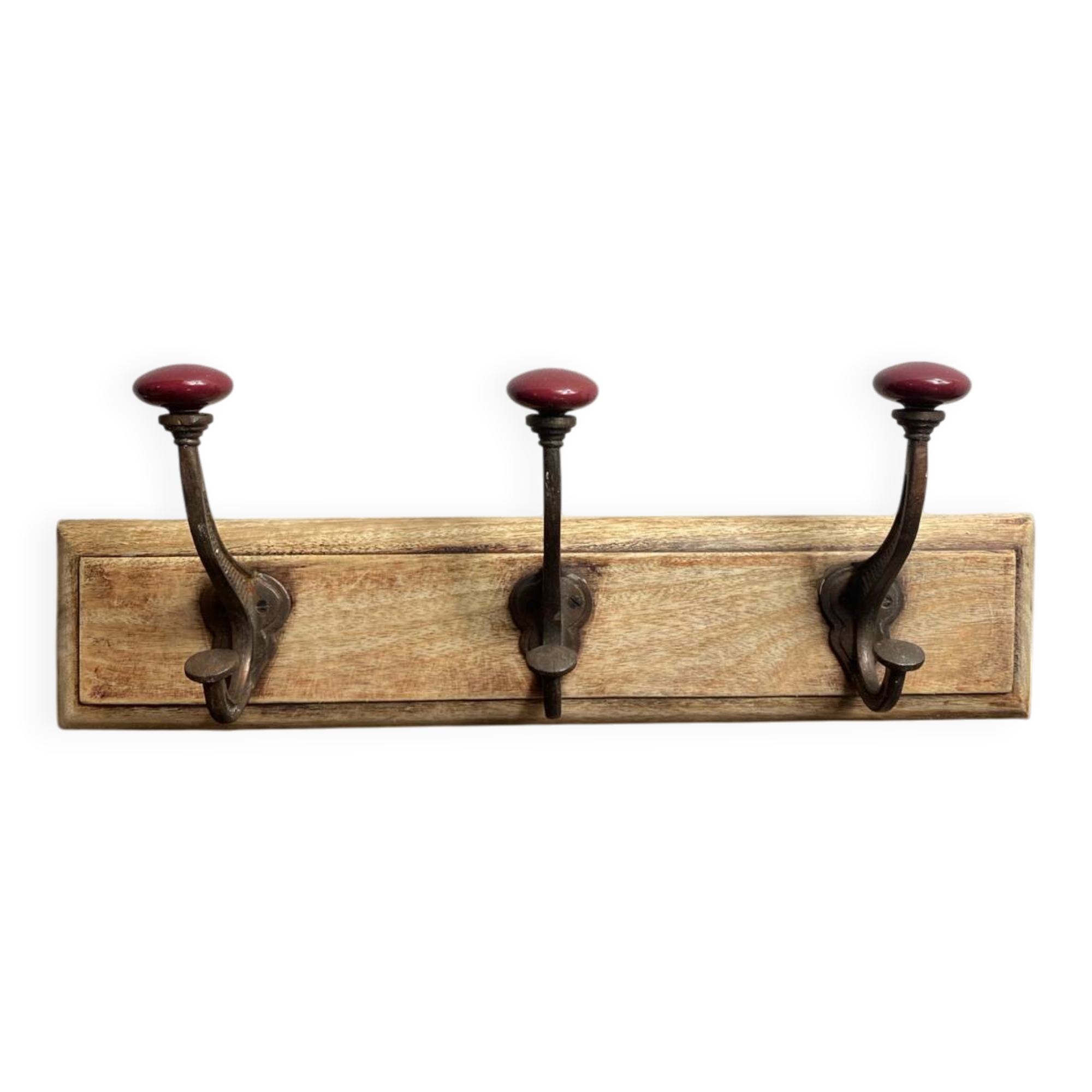 Wall hook with three hooks in wood, wrought iron, porcelain balls