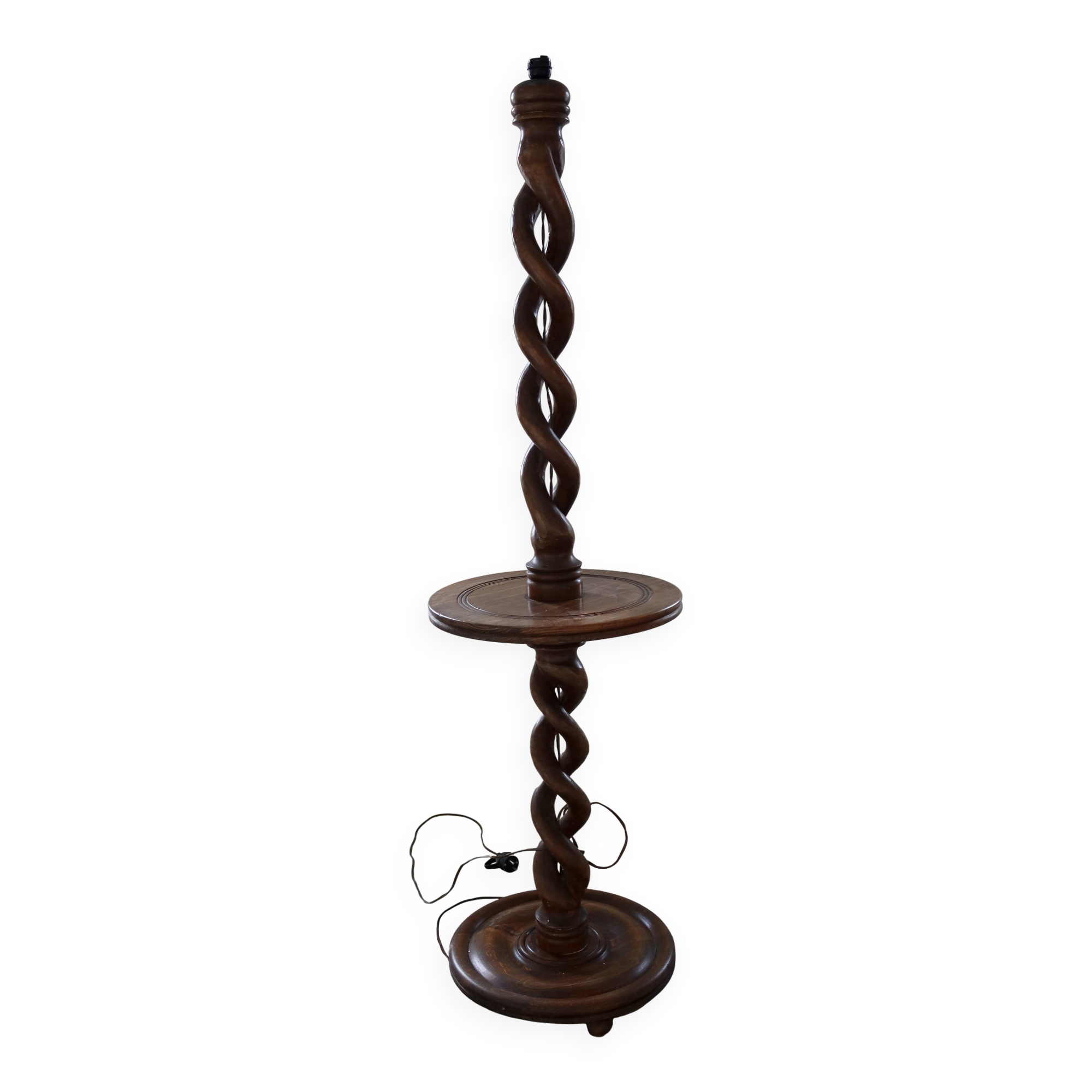 Vintage twisted turned wooden lamp base with shelf.