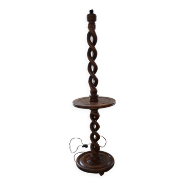 Pied de lampe vintage en bois tourné torsadé avec tablette