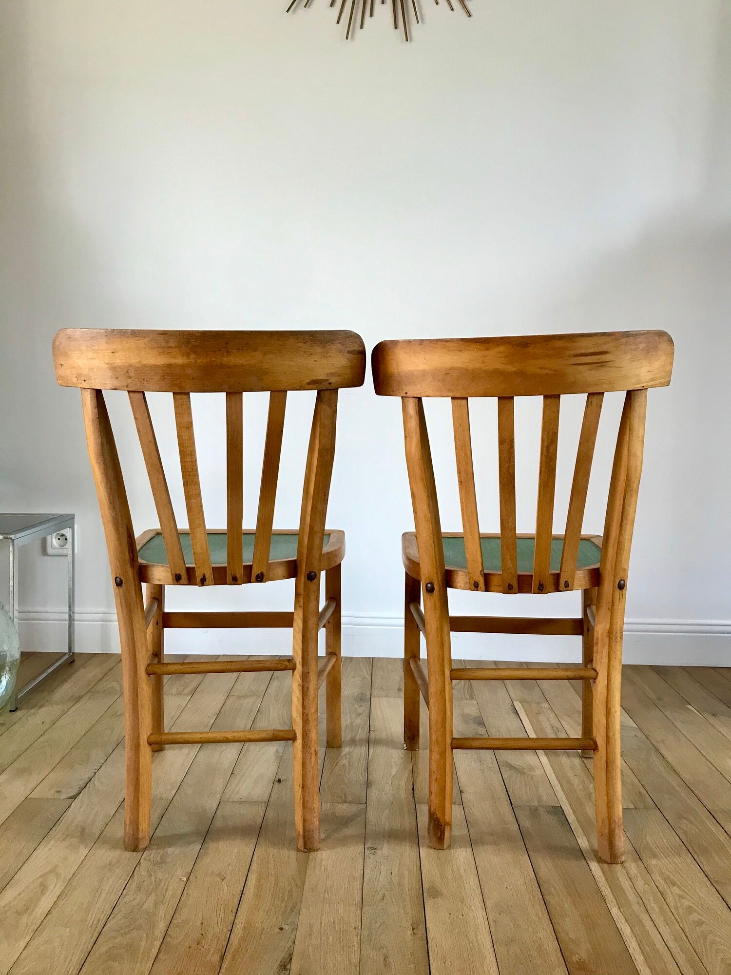 Pair of bistro chairs in light curved wood and green seat 1950s