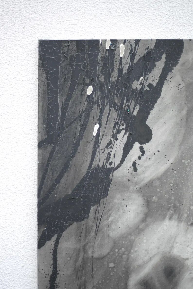 Large painting on canvas attributed to Nicole Cormier Vago, black and white canvas, wall decoration.