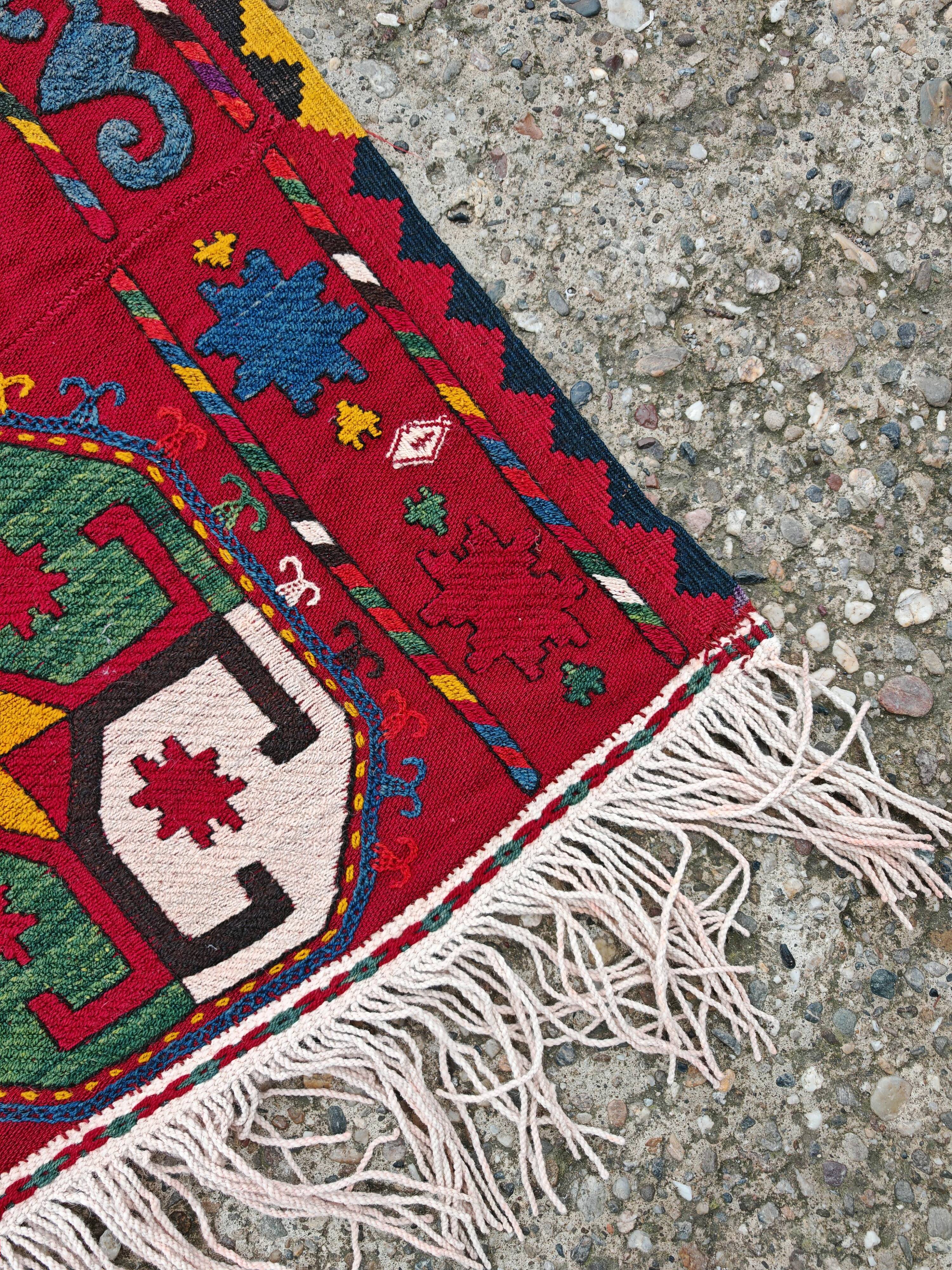 Ancient Uzbek Carpet Mixed Technique Flat Woven, Early 20th Century
