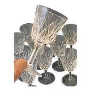 Set of 11 vintage cut glass glasses from Vmc Reims France, model Arlequin.