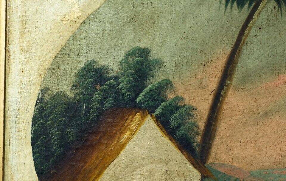 Peinture à l'huile ancienne Paysage avec bord de rivière animé, Italie 19ème siècle.