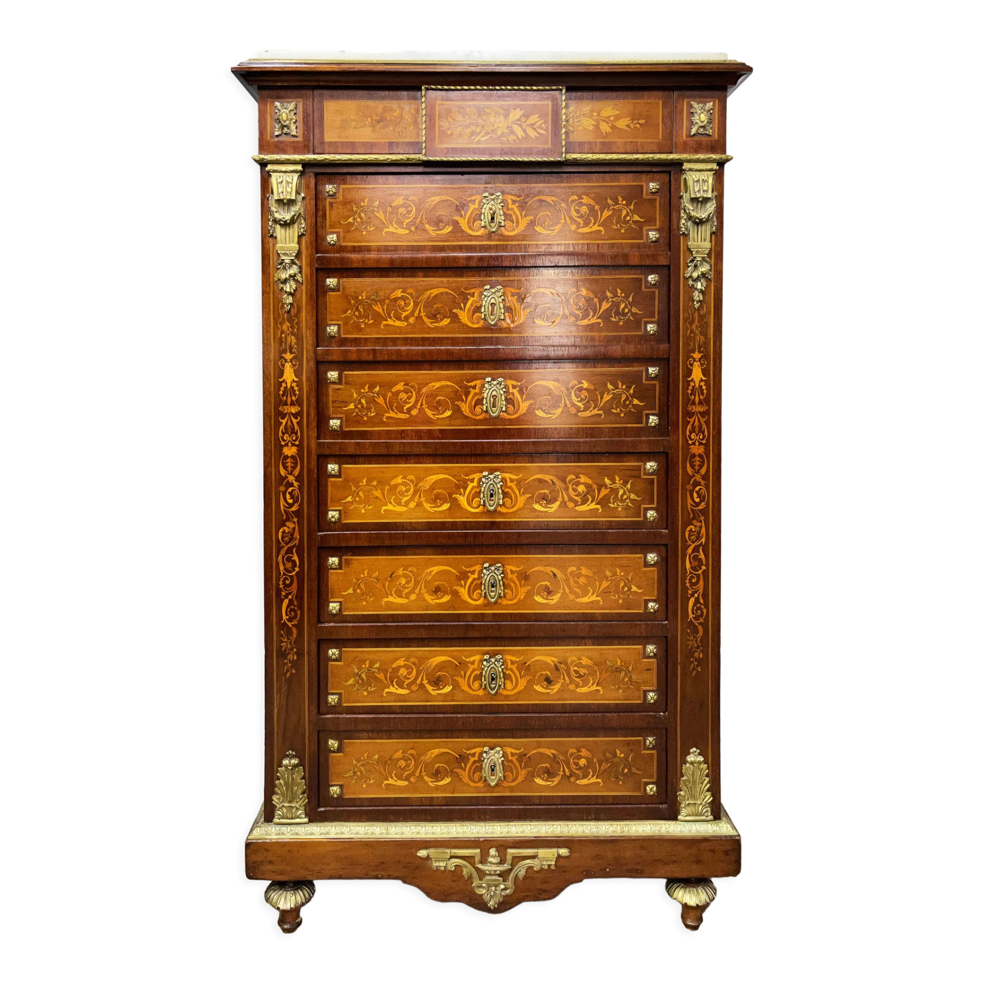 Writing desk in Napoleon III Marquetry white marble top