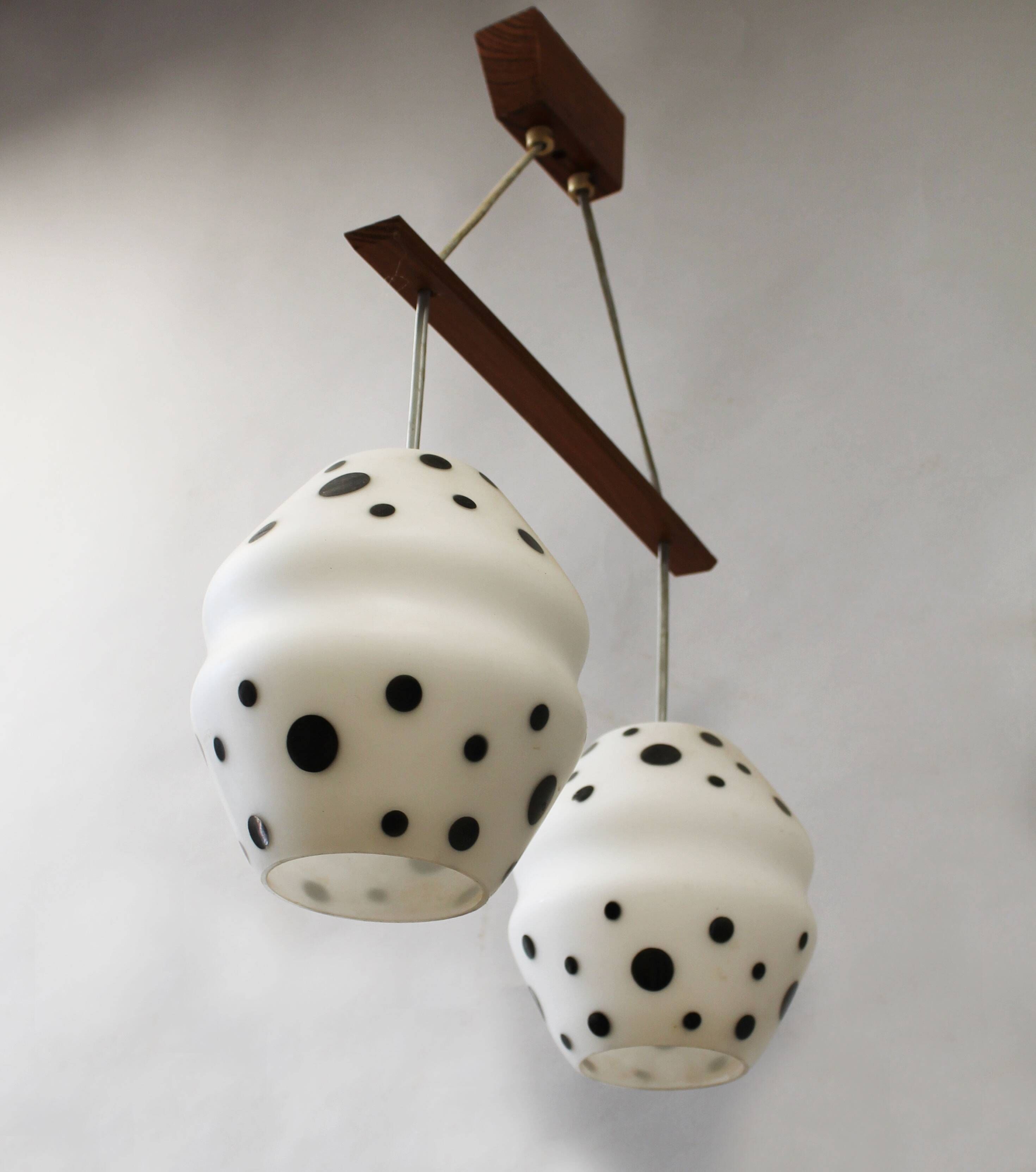 Vintage 1960s Czech Double Pendant Light with Black & White Opaline Glass