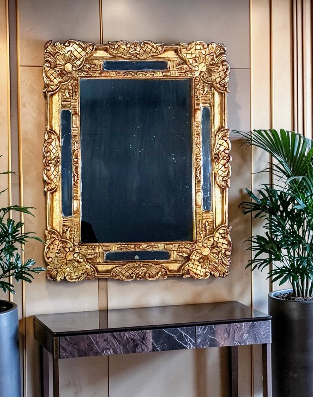 Antique mirror with carved wood frame and original gilding, 69x53 cm, C820.