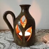 Brown stoneware tealight holder with handle