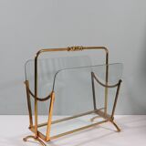 Vintage magazine rack, brass and glass, Italy 1950-1960