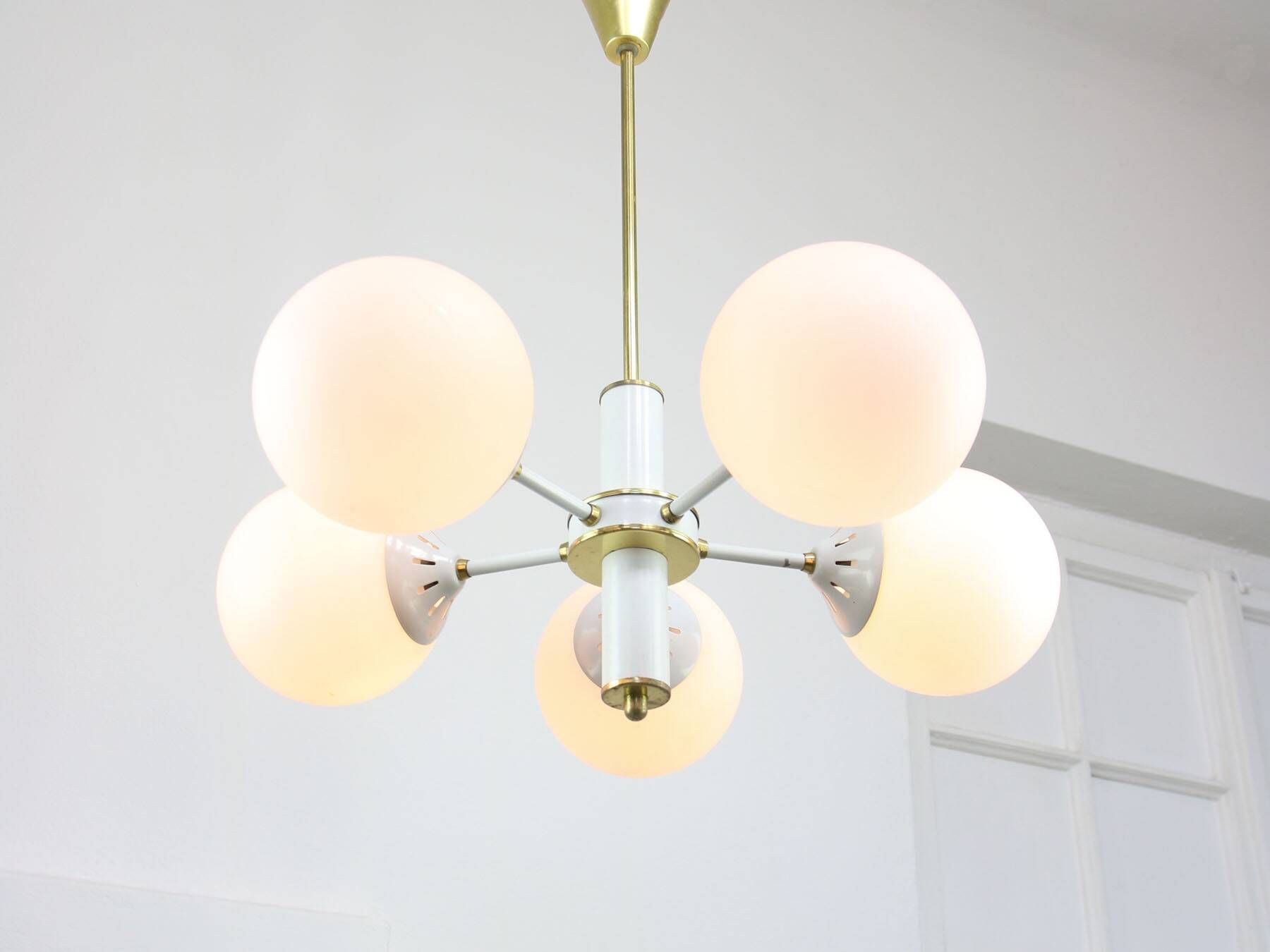 Vintage Italian Brass and Opaline Sputnik Chandelier, 1970s