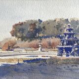 20th century, Neptune's Basin at sunset, Gardens of Versailles, summer 1920. Watercolor signed in ink