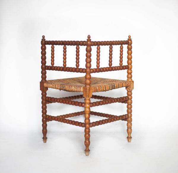 Chaise d'angle bois et cannage, chaise bobine ancienne, chaise d'appoint