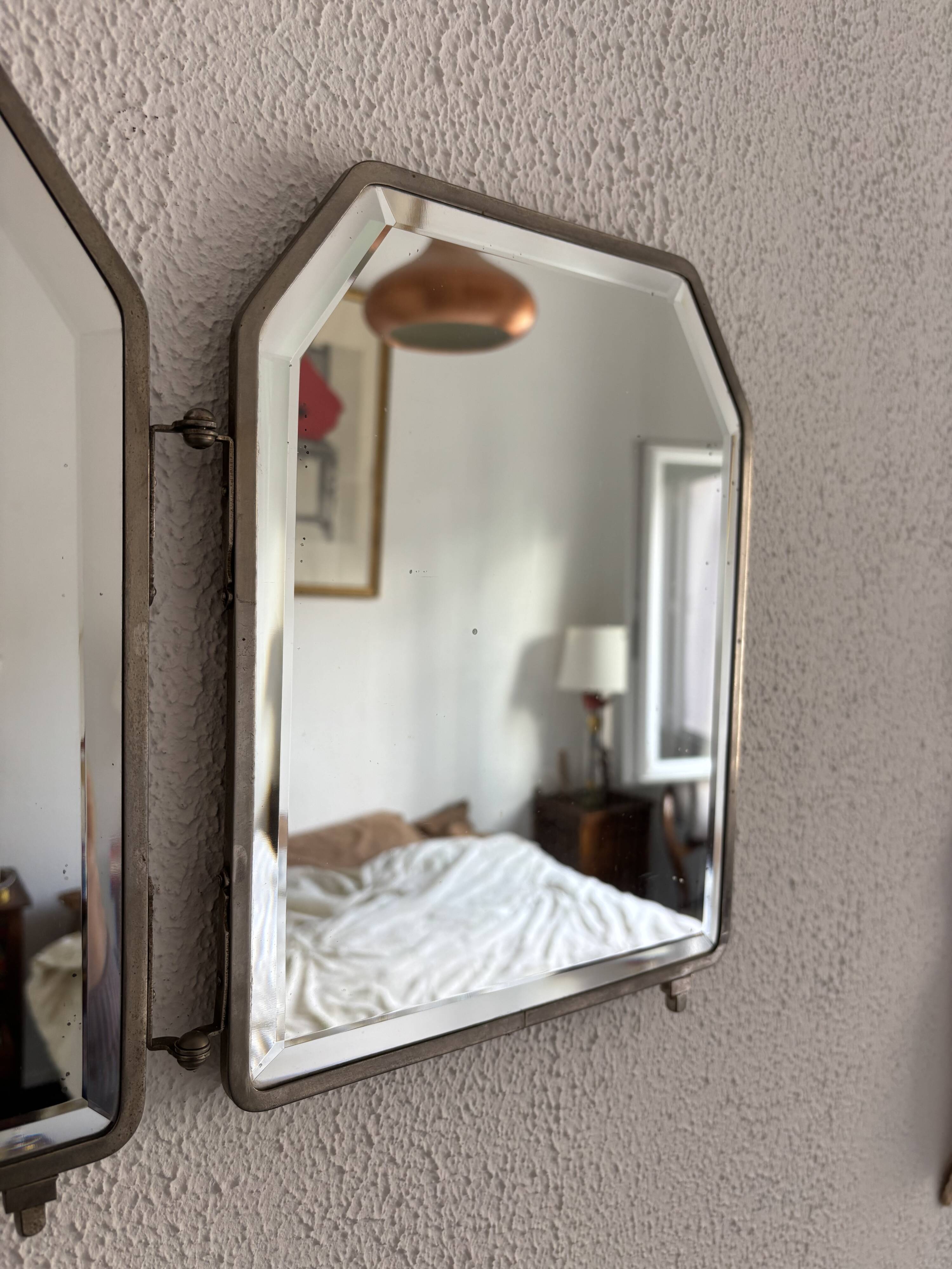 Miroir vintage 1920 triptyque barbier Art Déco cristal hexagone- 33 x 78 cm