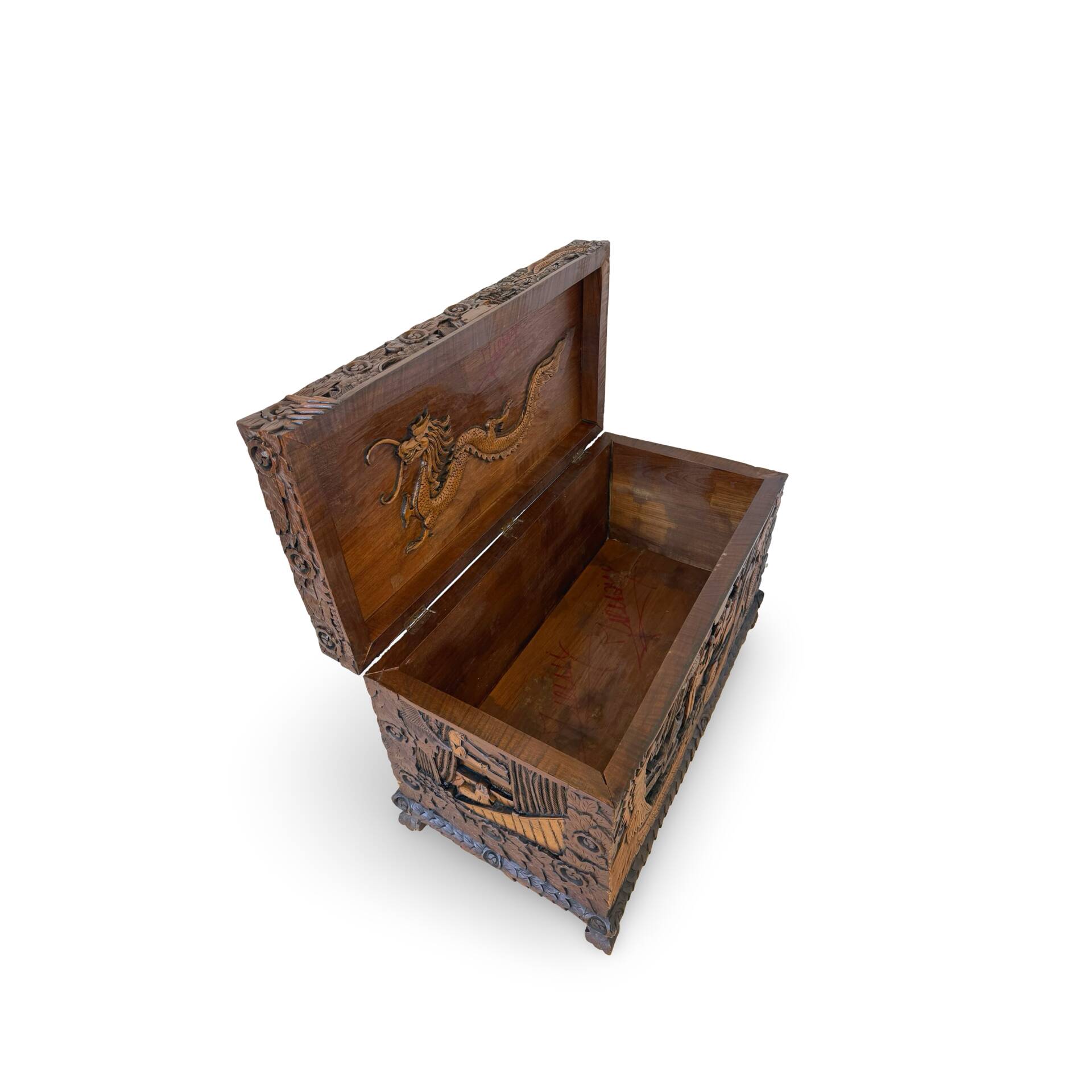 Antique Chinese Carved Export Chest – Dragon, Phoenix & Landscape Deco